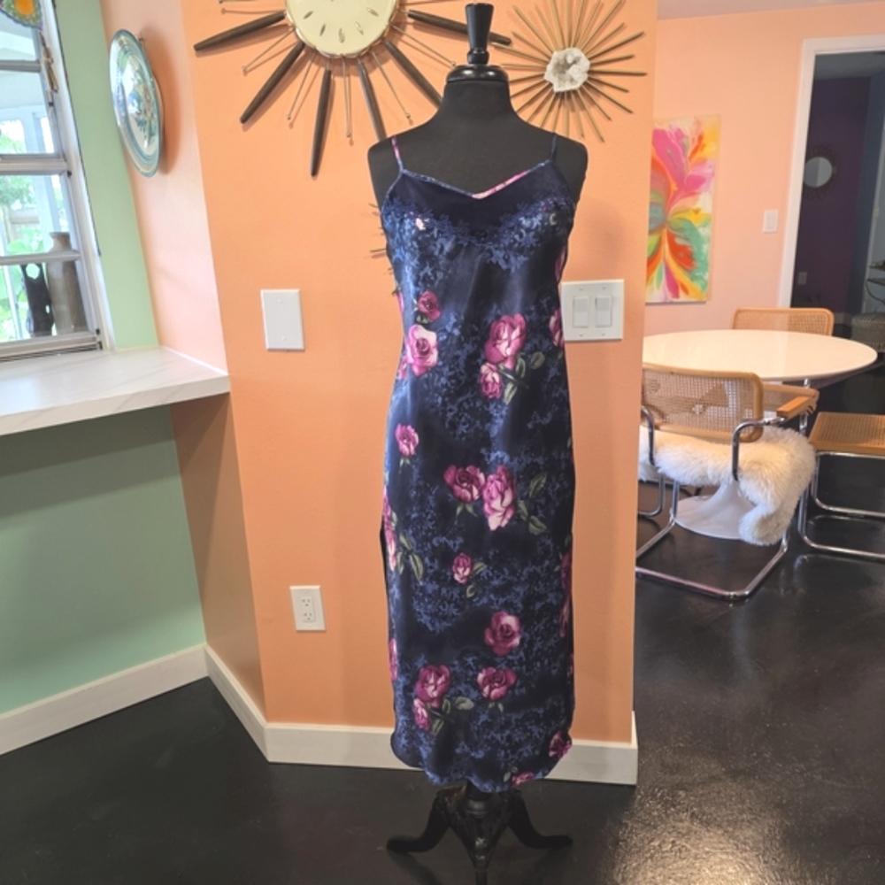 Vintage Whimsigoth Y2K Floral Satin Slip Dress Secret Treasures Blue & Pink - Picture 2 of 16